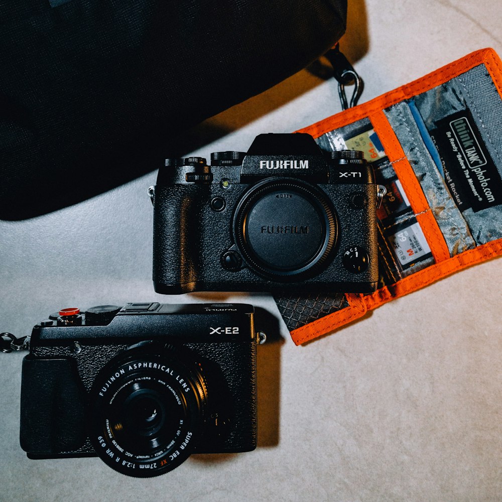 a camera and a wallet sitting on a table