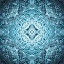 Intricate fractal patterns in hues of blue and white create a symmetrical, abstract design resembling ice or crystal formations. The central area features a diamond shape with layers radiating outward, giving a sense of depth and complexity.