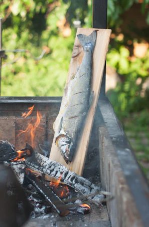 Freshly grilled trout resting on a wooden plank with charred campfire coals in the background.