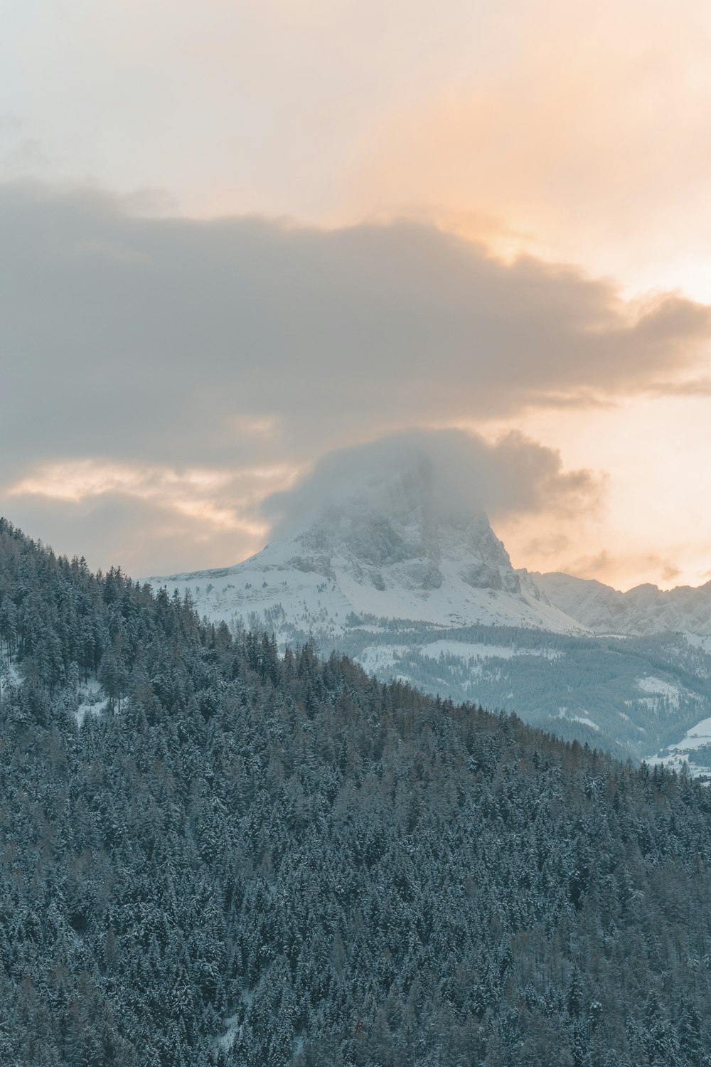 Une montagne couverte de neige et d’arbres sous un ciel nuageux