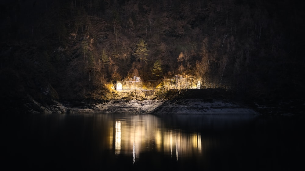 a body of water surrounded by trees at night