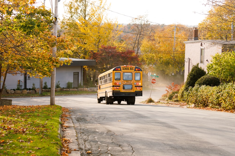 a yellow school bus driving down a street