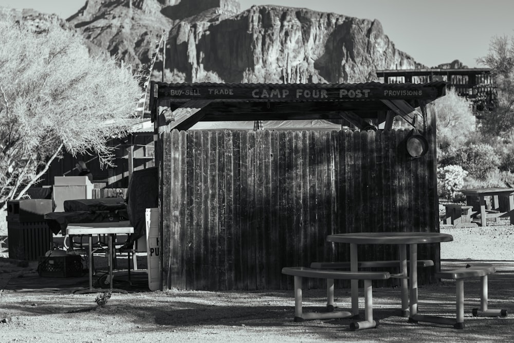 a black and white photo of a wooden structure