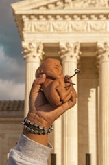A hand is holding a small doll resembling a newborn baby. In the background, there is a large neoclassical building with columns, possibly a government or courthouse structure. The hand is adorned with multiple bracelets.