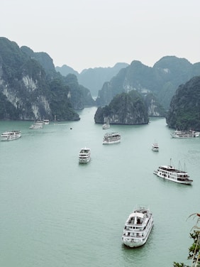 Several boats are sailing through a calm, green-tinted bay surrounded by towering limestone cliffs. The scene is serene and enveloped in a light mist, with lush greenery covering the rock formations.
