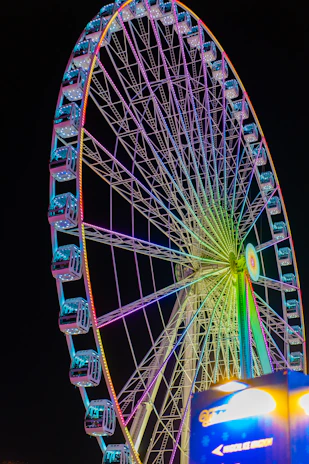 a large ferris wheel lit up at night