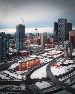 an aerial view of a city in winter