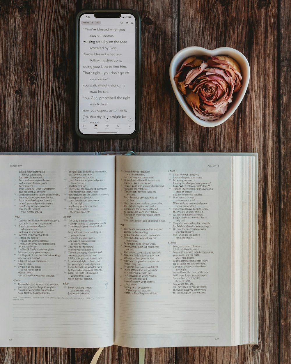 an open book sitting on top of a wooden table