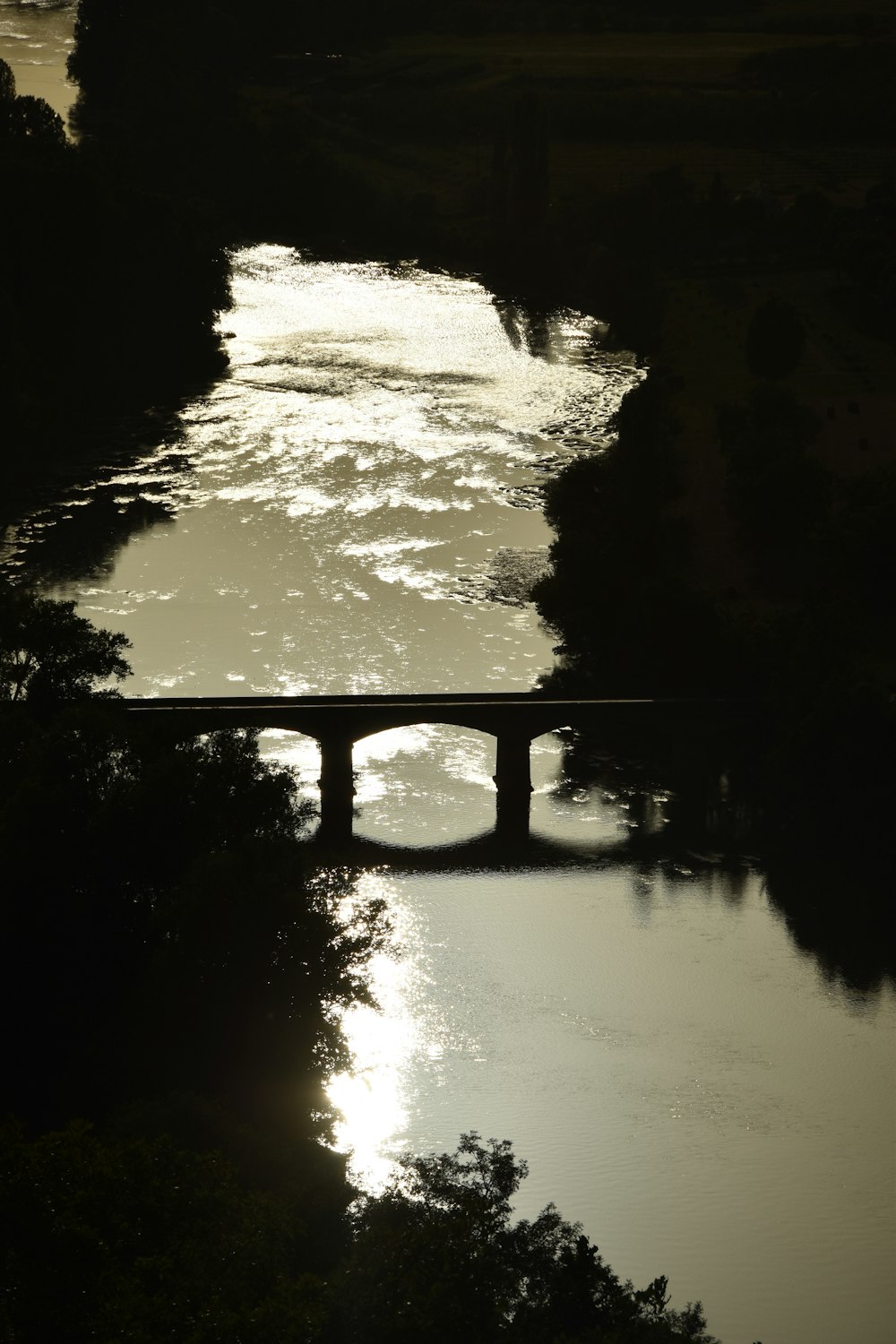 a bridge over a body of water with trees in the foreground
