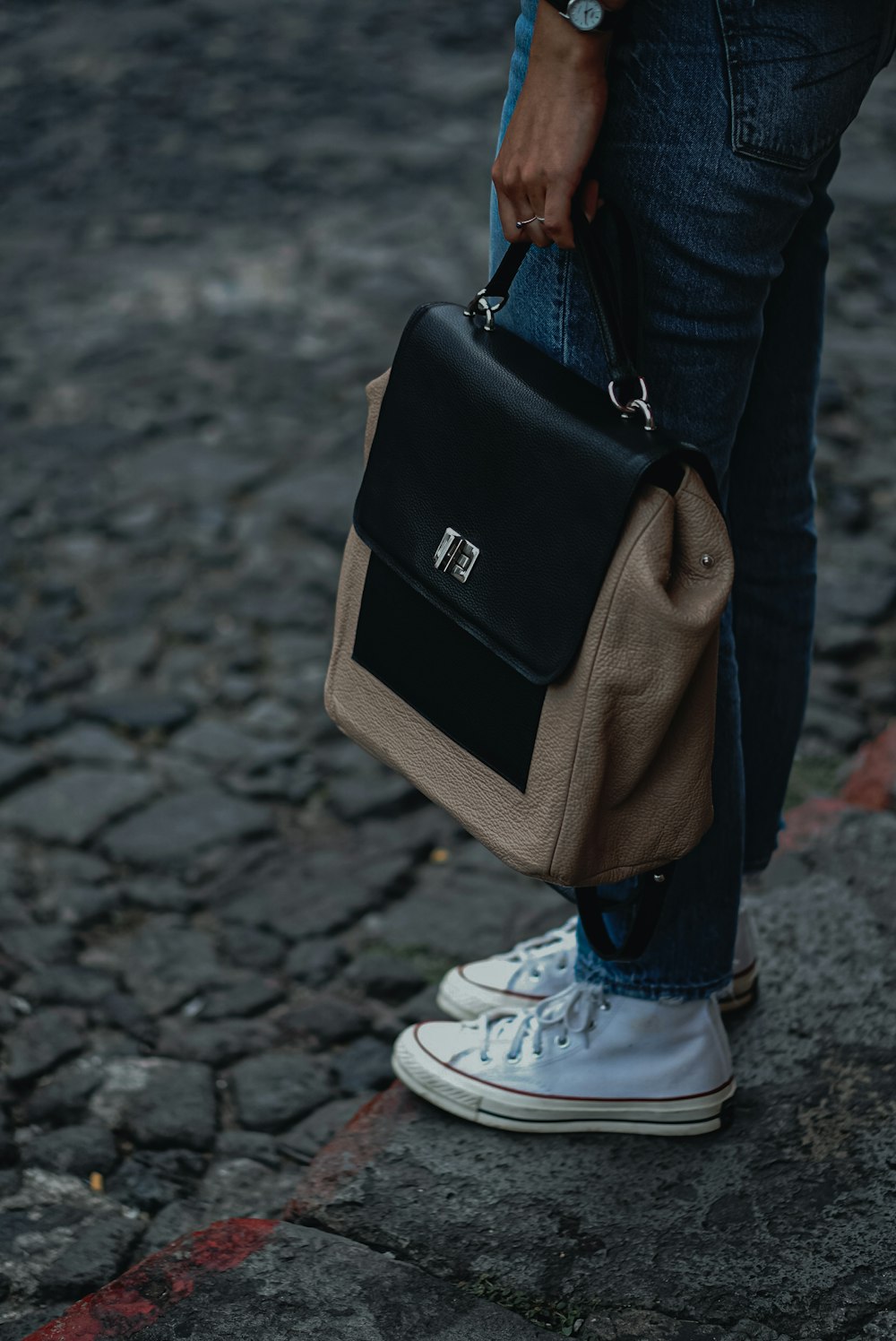 a person holding a black and tan bag