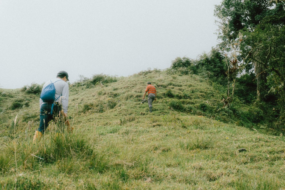 a couple of people that are standing in the grass