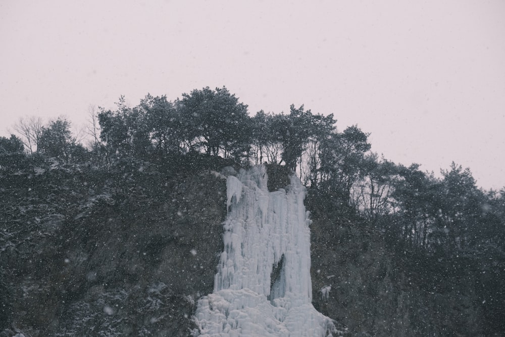 a very tall snow covered mountain with trees on top of it