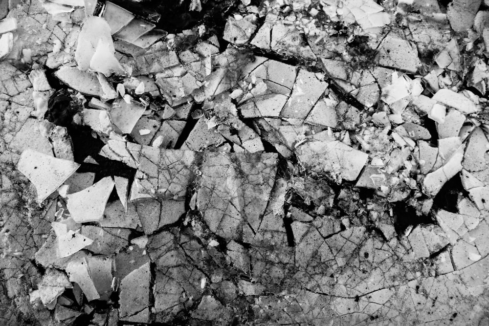 a black and white photo of broken glass