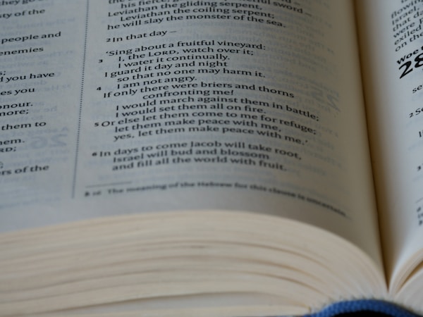 An open book with pages featuring text in a poetic format. The print is clear with a focus on specific verses. The paper appears slightly aged, and the focus is on the center of the book.