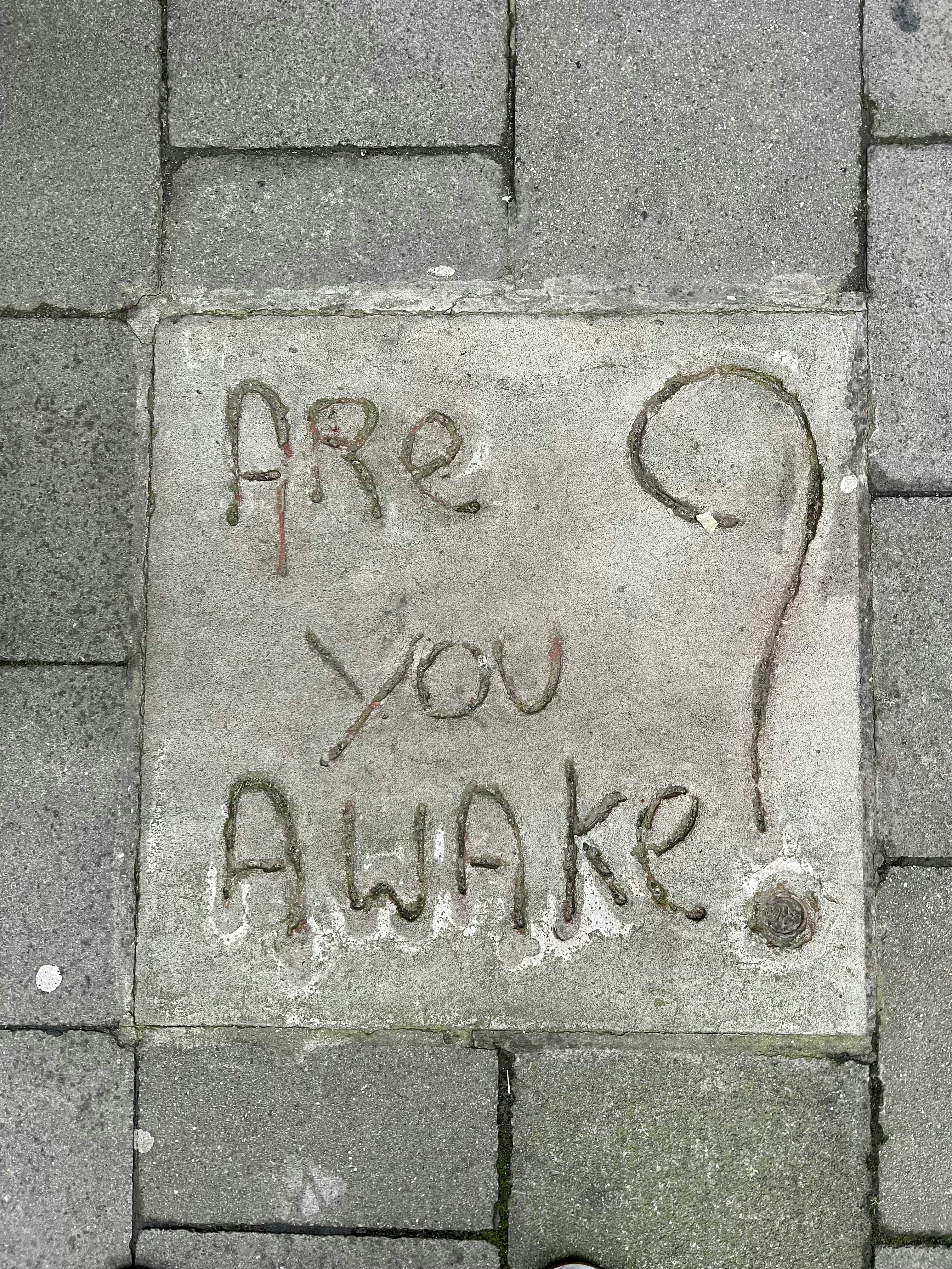 a sidewalk with a sign that says are you awake