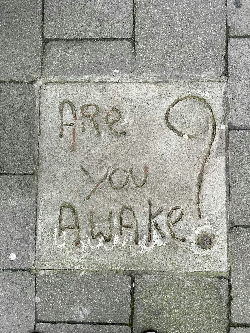 a sidewalk with a sign that says are you awake