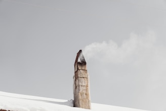 A rustic chimney emits a steady stream of smoke against a pale gray sky, rising from a snow-covered roof.