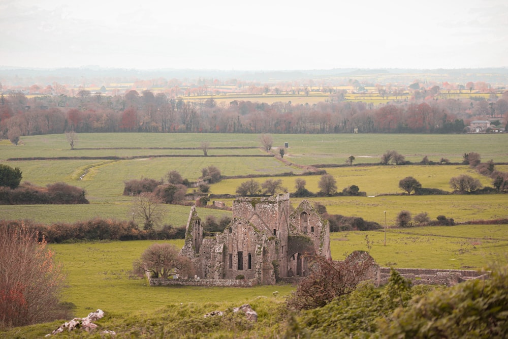 a view of a castle in the middle of a field