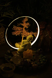 A serene temple setting with traditional astrology tools and soft glowing lamps creating a peaceful atmosphere.