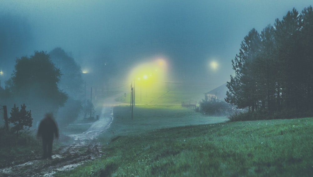 a person walking down a road in the fog