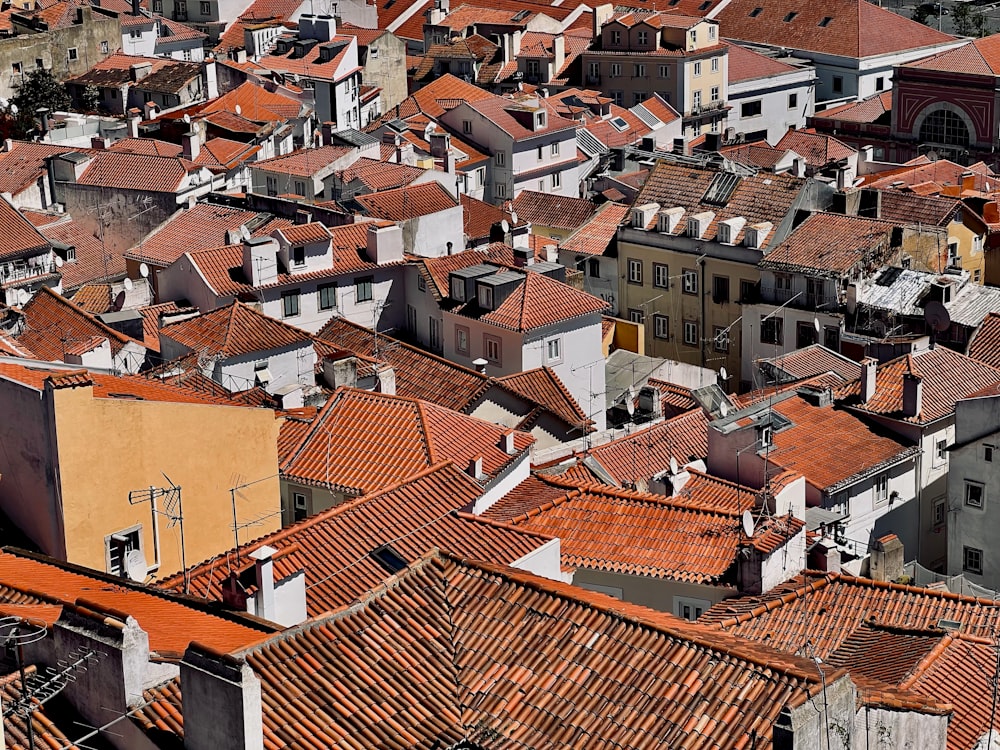 a large group of buildings with red roofs