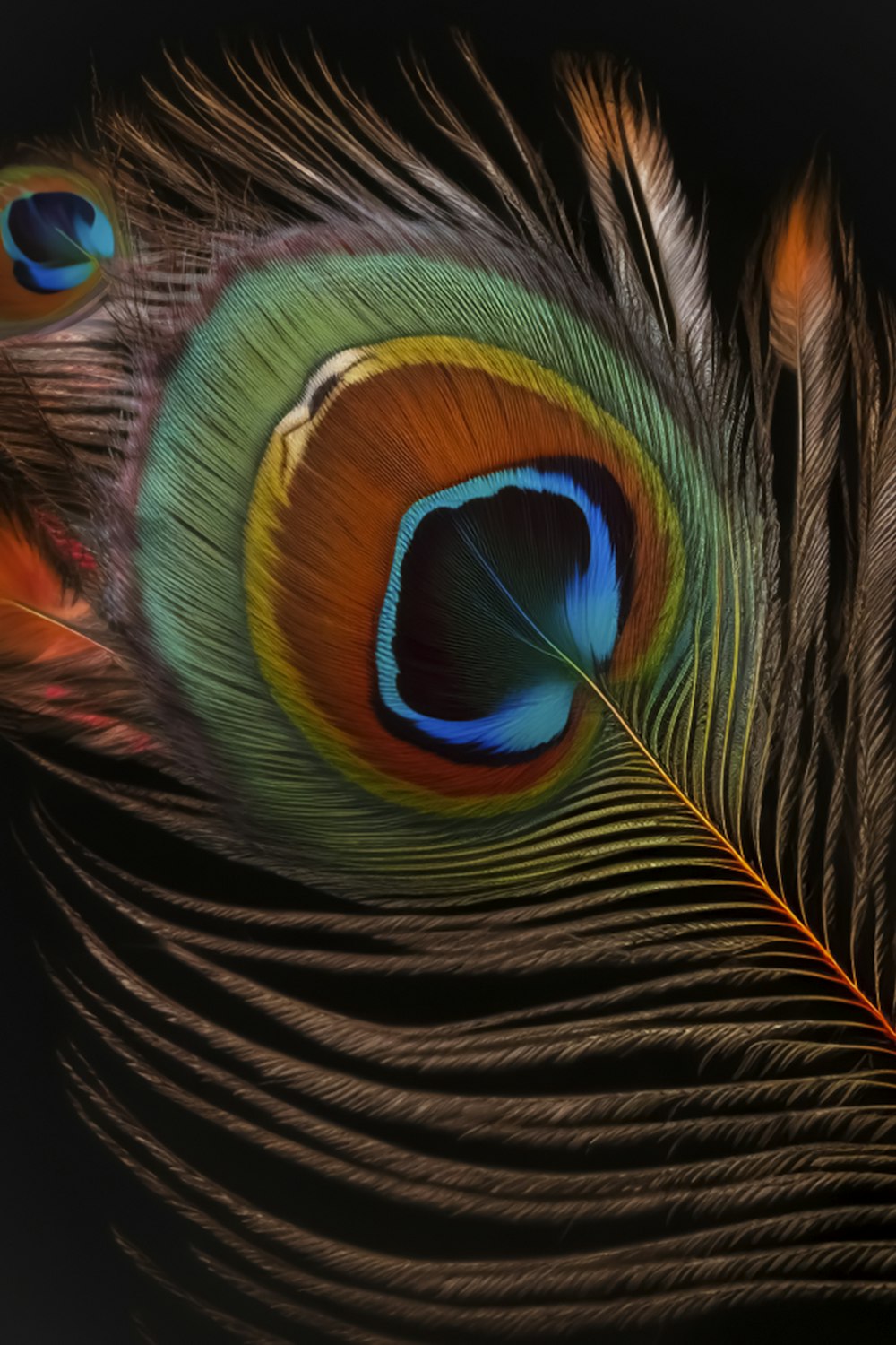 a close up of a peacock feather on a black background