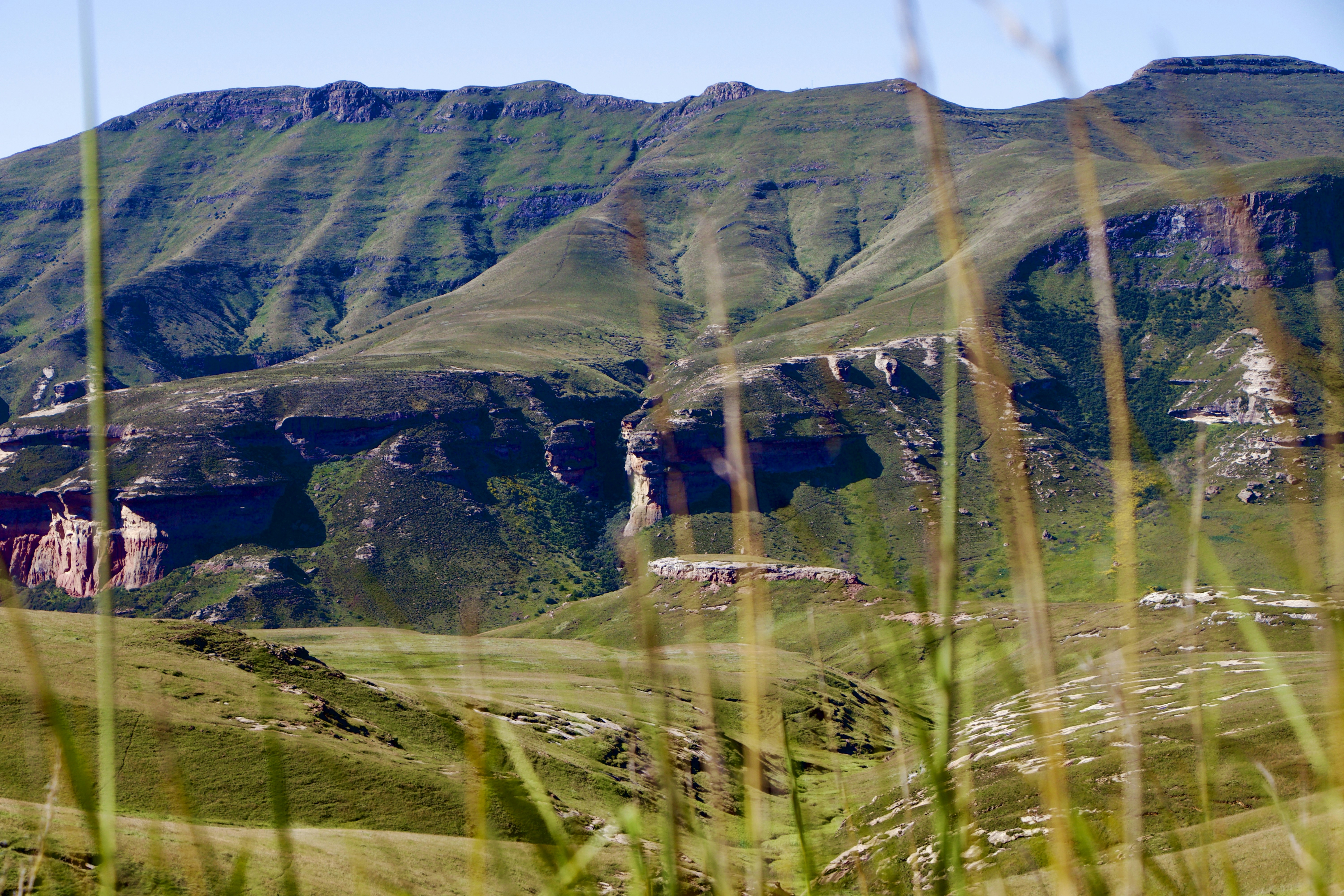 a view of a mountain range with grass in the foreground