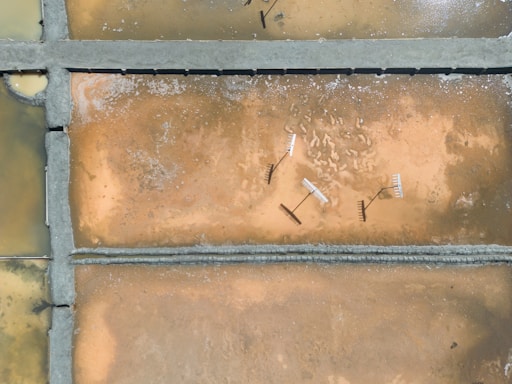 a tile floor with two toothbrushes laying on top of it