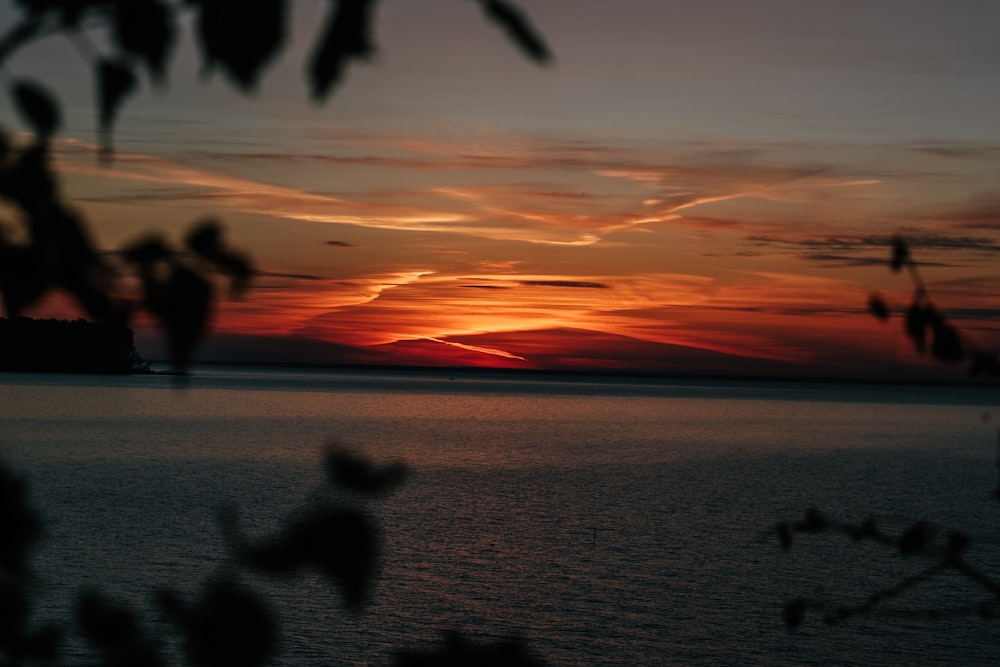 a sunset over a body of water with trees in the foreground