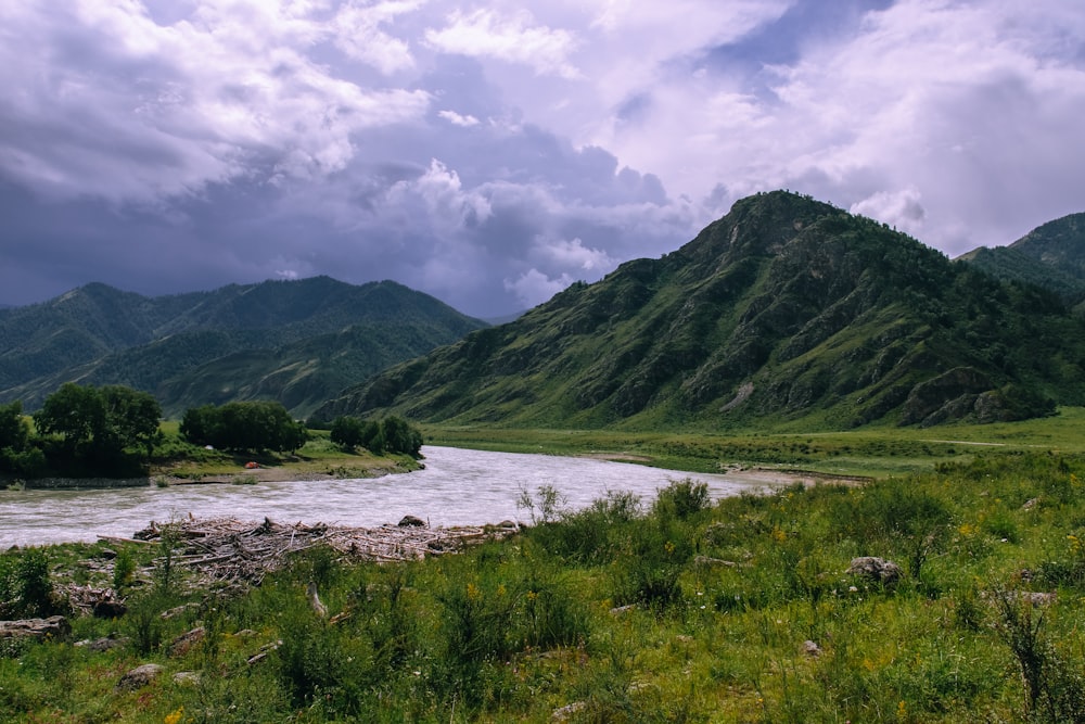 a river running through a lush green valley