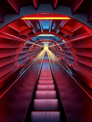 a red and blue tunnel with a long set of stairs