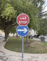 Wide view of a newly marked intersection with safety signs in a Riyadh neighborhood