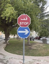 A red octagonal stop sign with Arabic and English text is combined with a blue circular sign indicating a right turn. The signs are placed on a grassy area next to a sidewalk, surrounded by trees. Cars are parked along the street in the background.