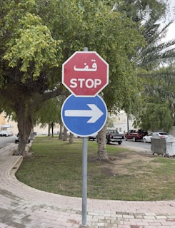 A red octagonal stop sign with Arabic and English text is combined with a blue circular sign indicating a right turn. The signs are placed on a grassy area next to a sidewalk, surrounded by trees. Cars are parked along the street in the background.