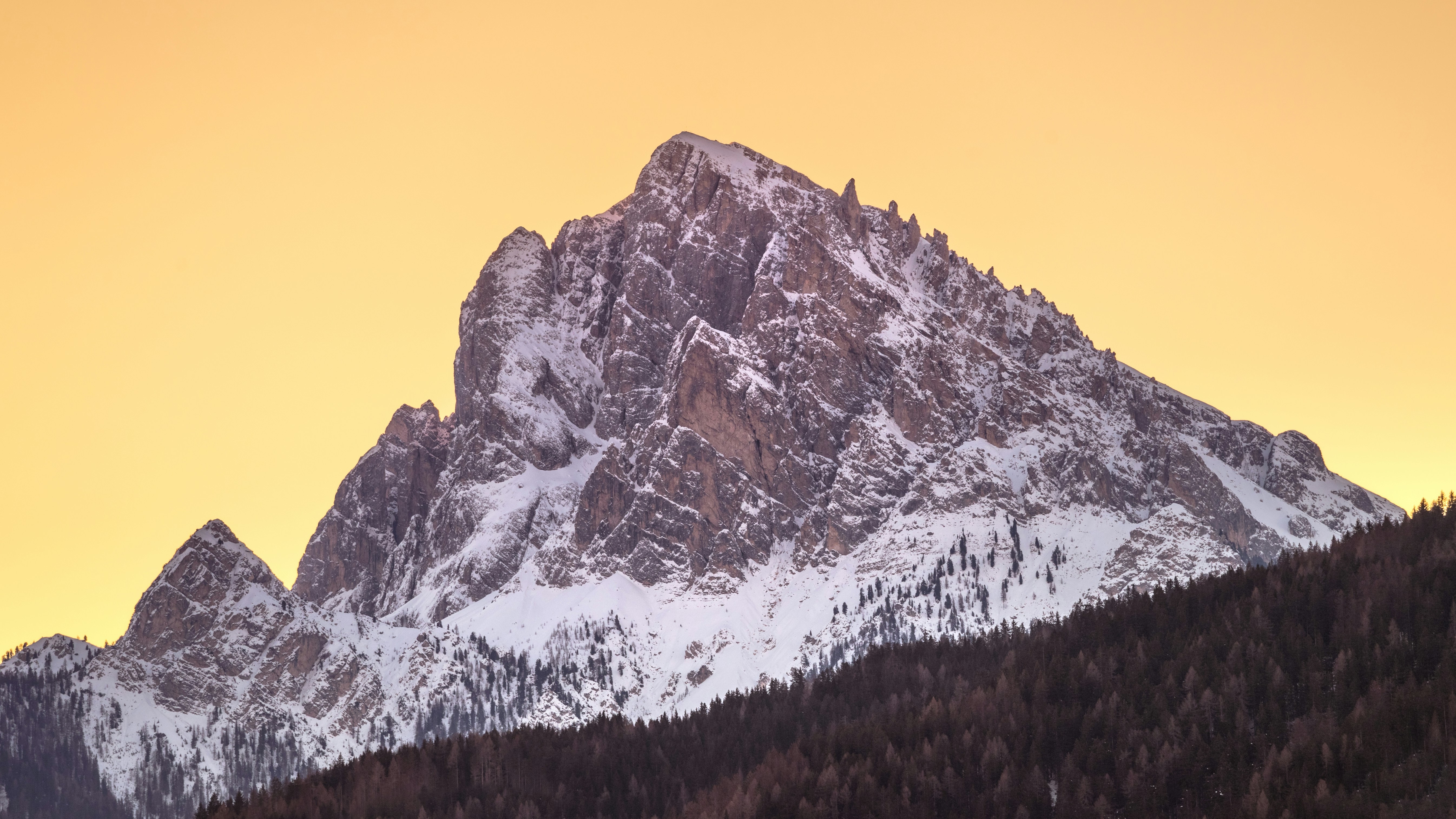 A snow covered mountain with trees in the foreground
