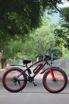 A black and red electric bicycle stands on a paved road. The bike features thick tires and a sturdy frame with branding that reads 'VOLTEBYK.' Surrounding the road are lush green trees, creating a peaceful and natural environment.