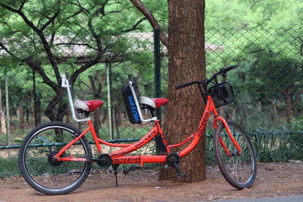 a red bicycle parked next to a tree