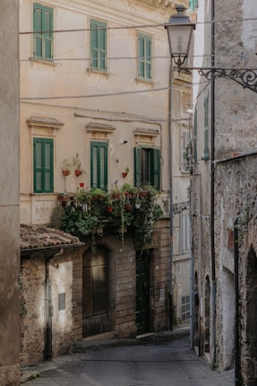 A narrow, cobblestone street in a quaint European village is lined with rustic stone buildings. One prominent building features green shutters and a small balcony adorned with various plants and flowers. A vintage street lamp hangs from the building, adding to the old-world charm.