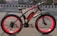 An electric bicycle with vibrant red rims and black frame sits on a road. The bike is well-equipped with fat tires, a cushioned seat, and front suspension. It features branding and model information on the frame. The background includes a painted mural and a road with traffic markings.