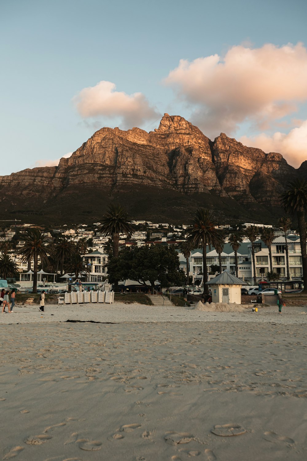 a beach with a mountain in the background