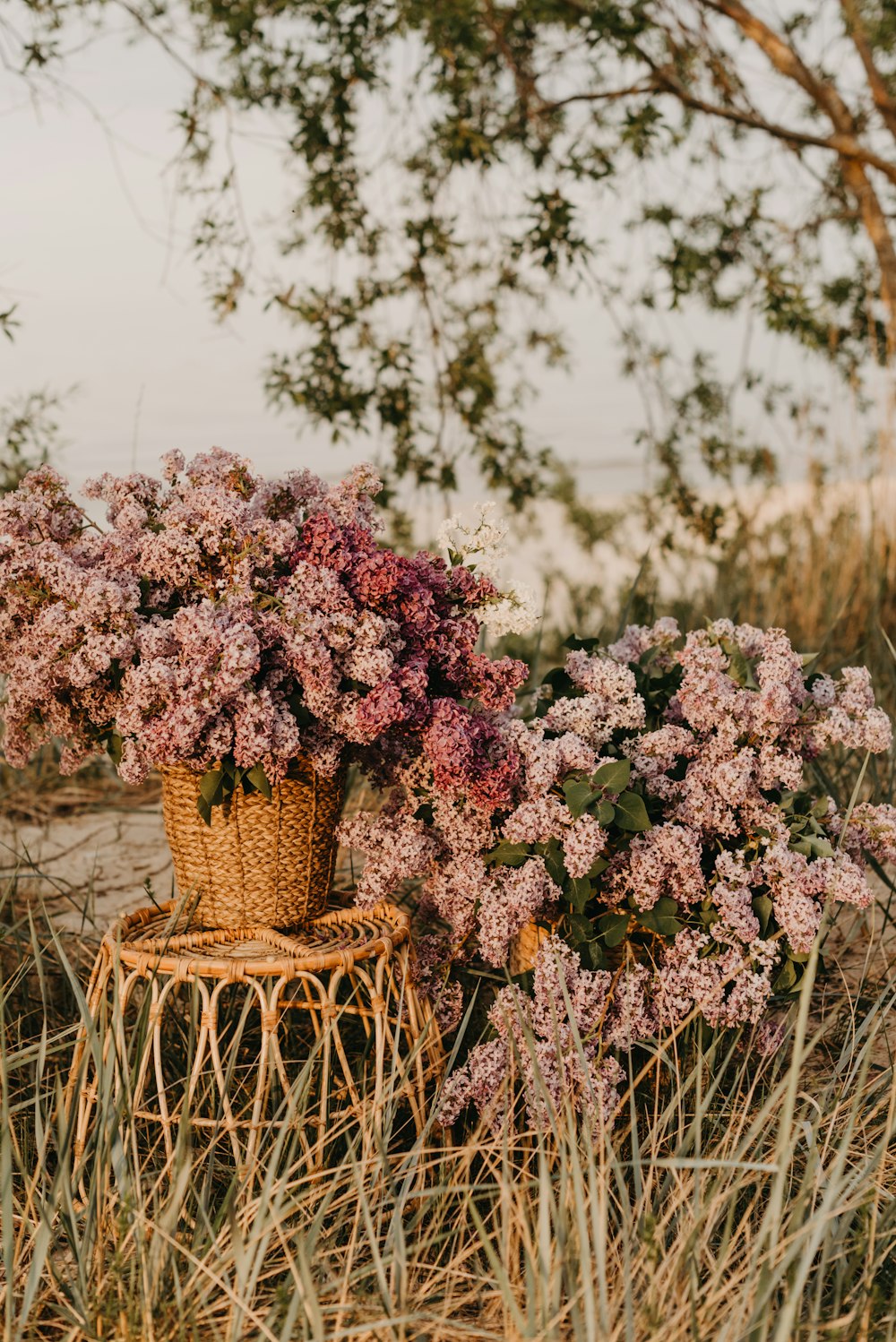 a basket of flowers sitting on top of a table