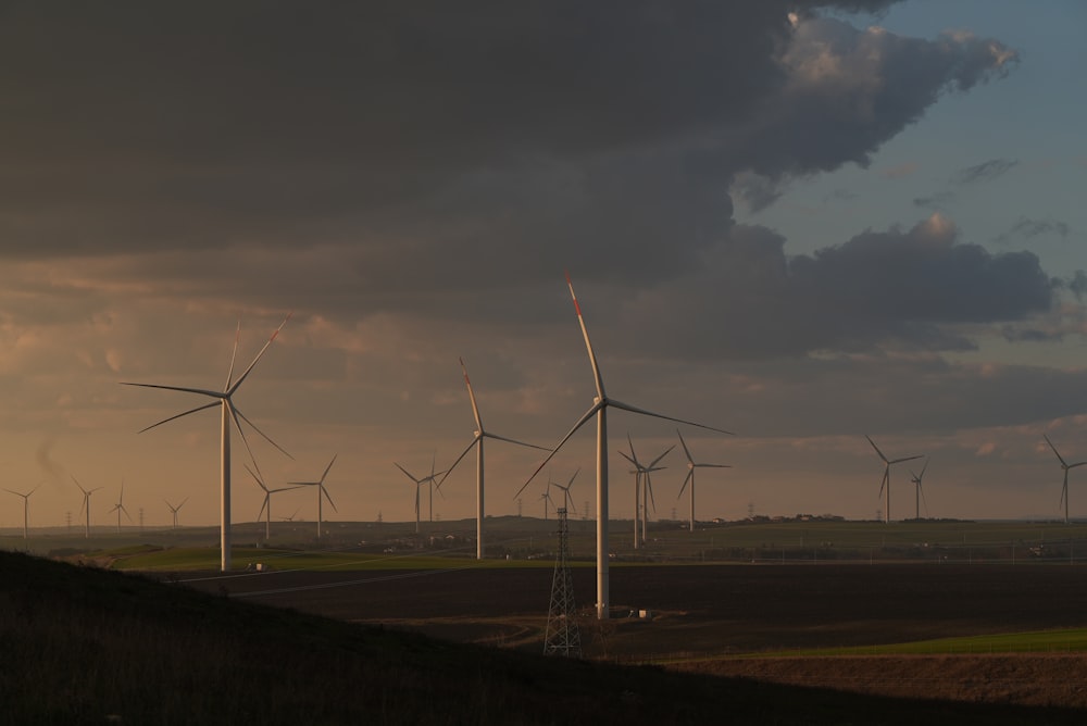 a group of windmills in a field under a cloudy sky