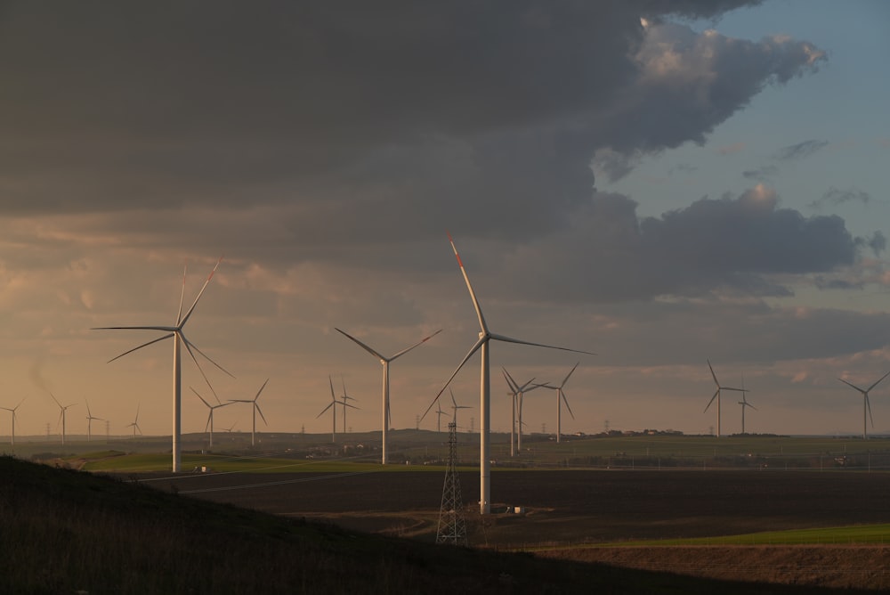 a group of windmills in a field under a cloudy sky
