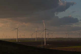 A landscape featuring several wind turbines standing on a wide, open plain under a cloudy sky. The scene is cast in a warm, subdued light, suggesting either sunrise or sunset. The terrain appears flat with sparse vegetation, and the turbines are dispersed across the field, creating a serene and expansive atmosphere.