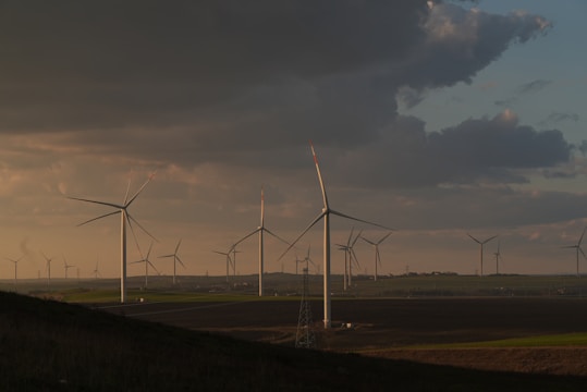 A landscape featuring several wind turbines standing on a wide, open plain under a cloudy sky. The scene is cast in a warm, subdued light, suggesting either sunrise or sunset. The terrain appears flat with sparse vegetation, and the turbines are dispersed across the field, creating a serene and expansive atmosphere.