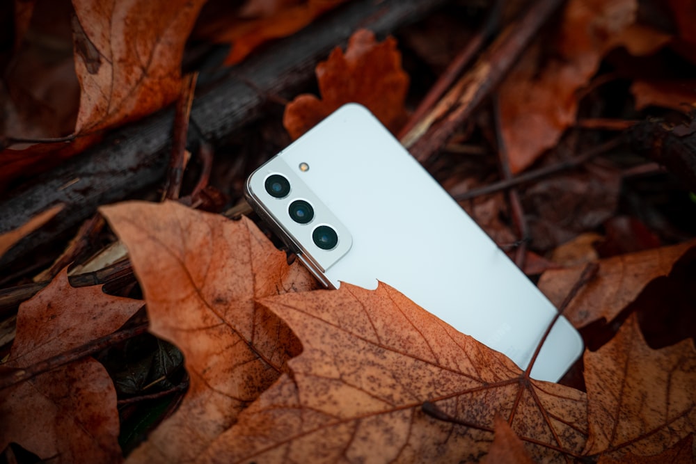 a white cell phone laying on top of a pile of leaves