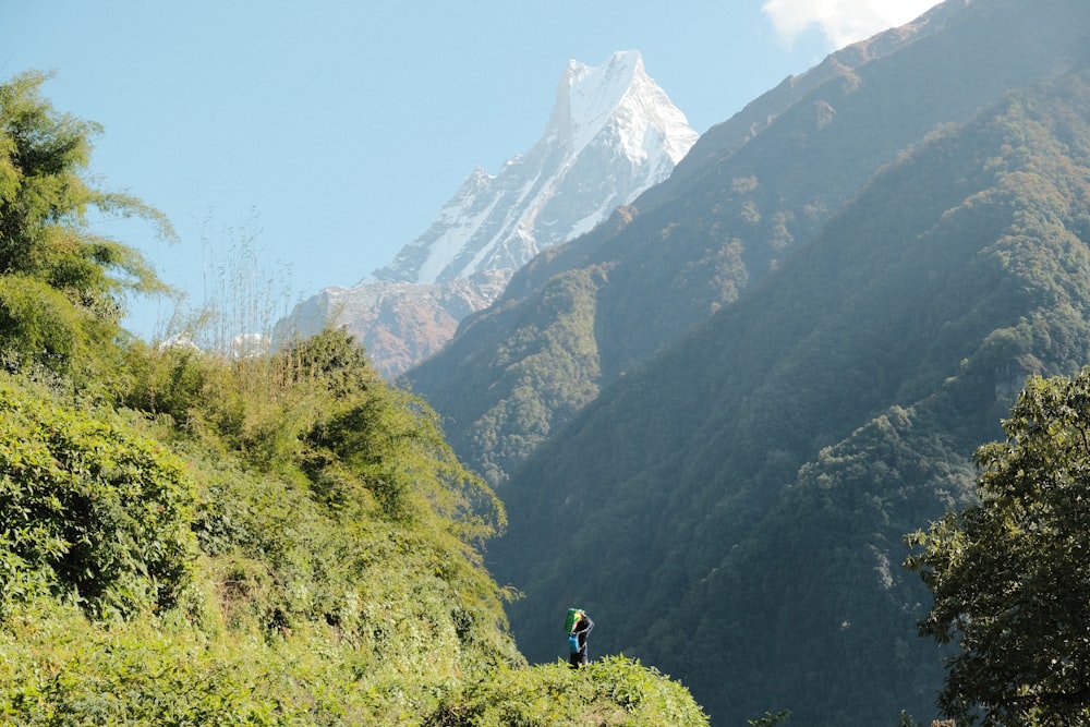 山の中の登山道をハイキングする男
