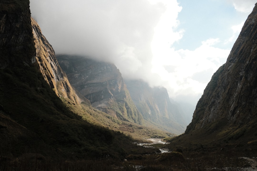 a valley with a mountain in the background, View near Deurali (~3200m) in Nepal on the Annapurna basecamp trek. October 