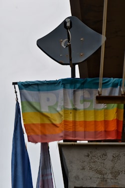 A multi-colored flag with horizontal stripes in shades of purple, blue, green, yellow, orange, and red. The flag has the word 'PACE' written on it. The flag is hanging outside near a building or structure with visible support structures above it, including a black, uniquely shaped object mounted above the flag.