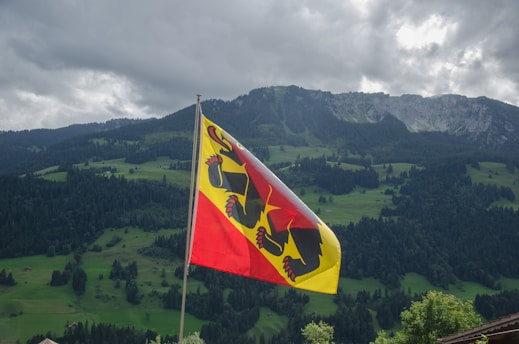 A flag featuring a black bear on a yellow and red background waves prominently against a backdrop of lush green hills and mountains under a cloudy sky.